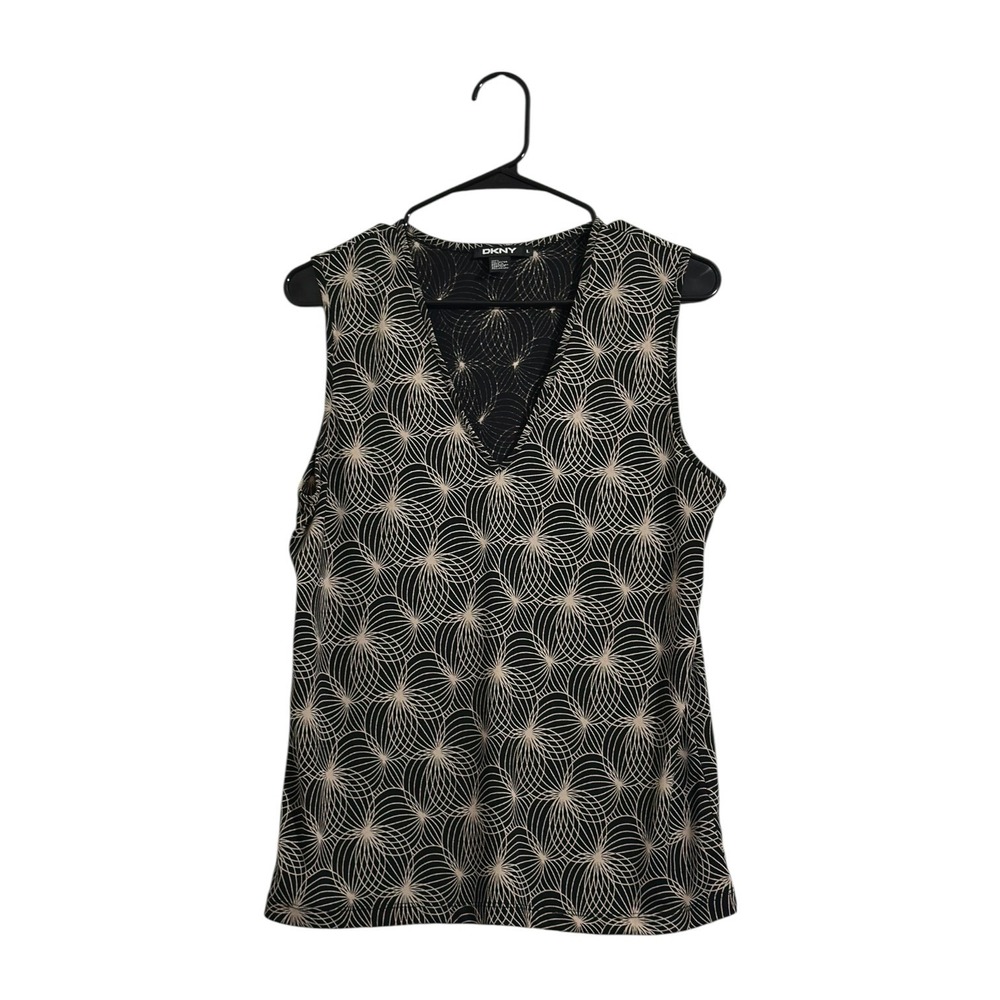 DKNY Black Tan Geometric Radial Print Sleeveless V-Neck Top Women's Size L